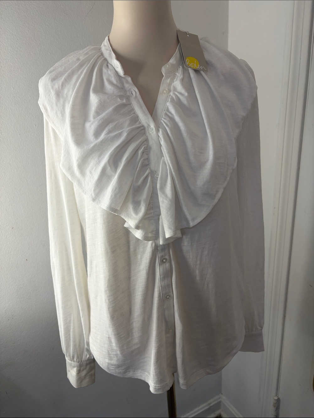 Boden White Ruffled Collar Button-Front Blouse